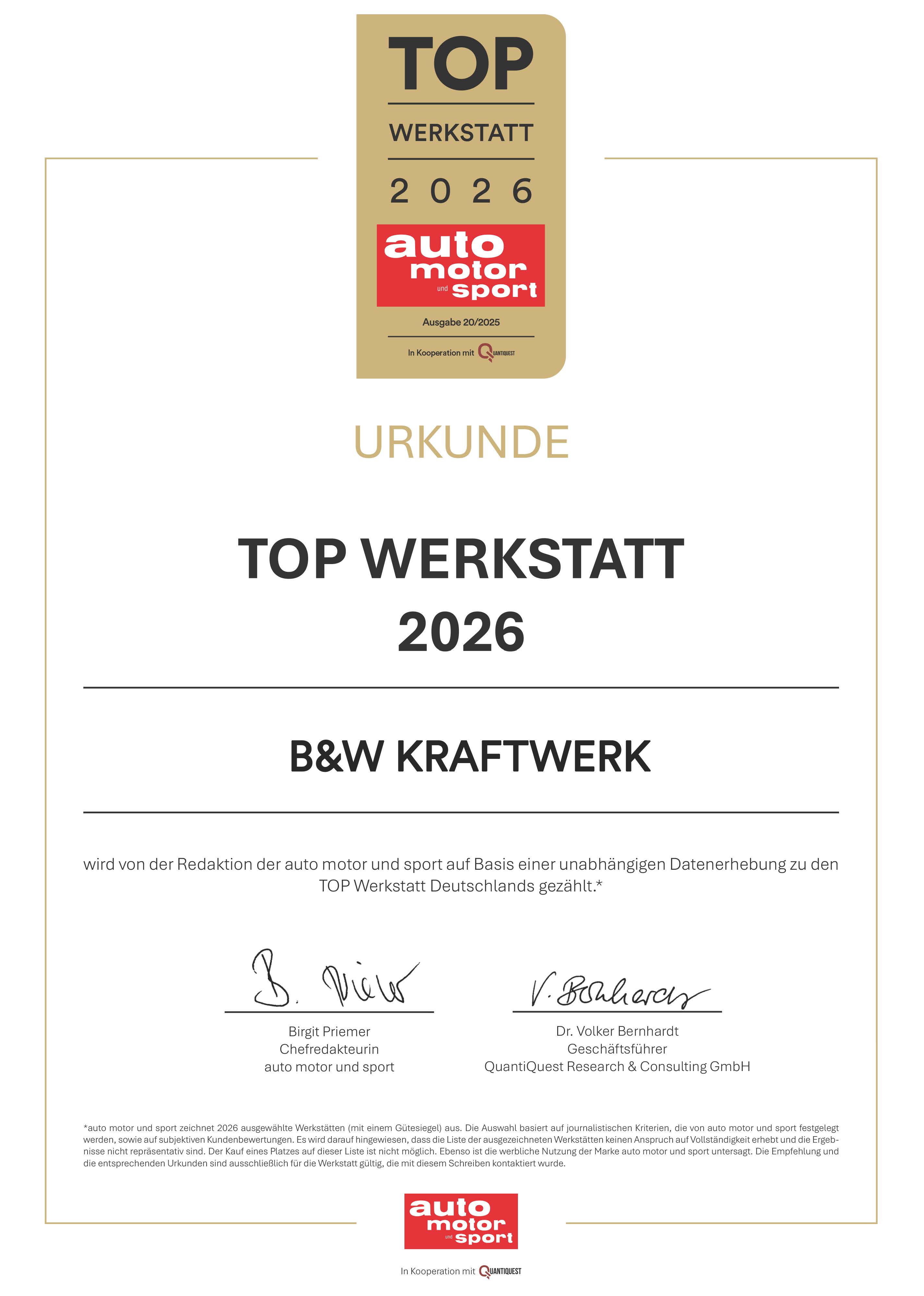 Auszeichnung "Top Werkstatt" von "auto motor sport" Auszeichnung "Top Werkstatt" von "auto motor sport"